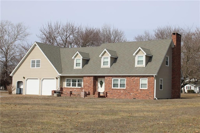 cape cod-style house featuring crawl space, an attached garage, a front lawn, and brick siding