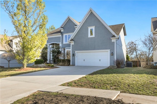 traditional home with an attached garage, stucco siding, concrete driveway, a front lawn, and central air condition unit