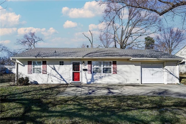 single story home with an attached garage, a shingled roof, aphalt driveway, and a front yard