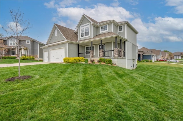 view of front facade featuring a front lawn, a garage, stucco siding, a porch, and concrete driveway