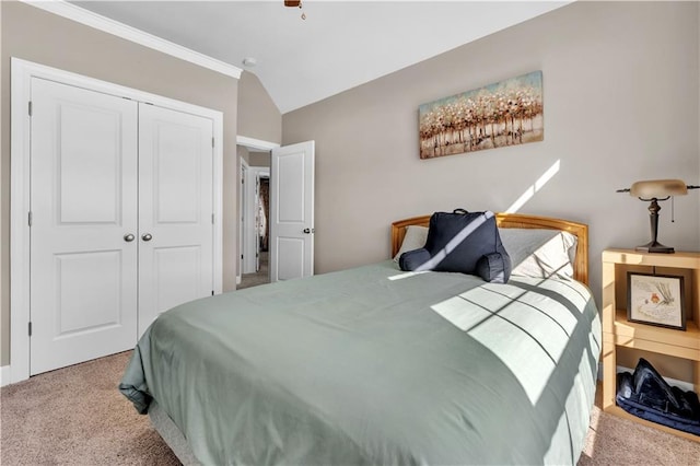 carpeted bedroom featuring ornamental molding and a closet
