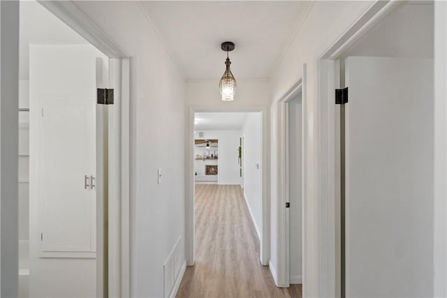 corridor with light wood-type flooring, baseboards, visible vents, and ornamental molding