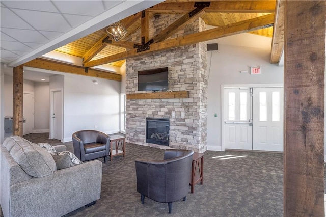 15459 W 171st Pl, Olathe, KS 66062 - living area featuring carpet floors, beam ceiling, a fireplace, wooden ceiling, and high vaulted ceiling