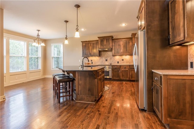 kitchen with a sink, under cabinet range hood, dark wood-style floors, appliances with stainless steel finishes, and decorative backsplash