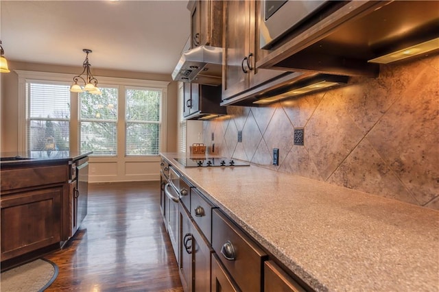 kitchen featuring dark wood-style floors, decorative backsplash, under cabinet range hood, decorative light fixtures, and black electric cooktop