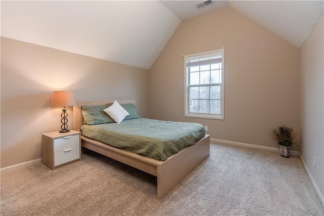 bedroom with visible vents, light colored carpet, baseboards, and lofted ceiling