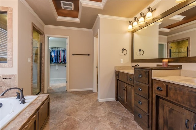 full bath with a shower stall, crown molding, and double vanity