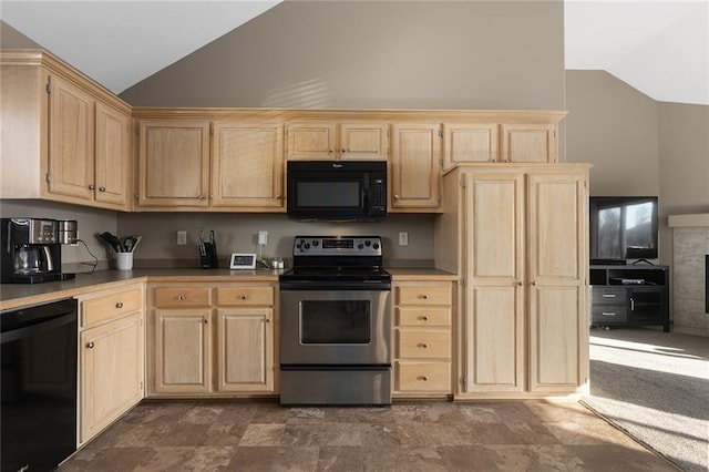 kitchen with black appliances, vaulted ceiling, light countertops, and light brown cabinetry