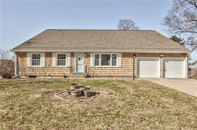 ranch-style home with driveway, a shingled roof, an attached garage, and a front yard