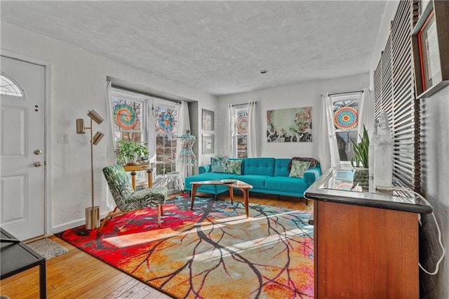 living room with baseboards, wood-type flooring, and a textured ceiling