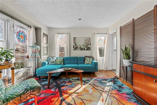 living room with a textured ceiling and wood finished floors