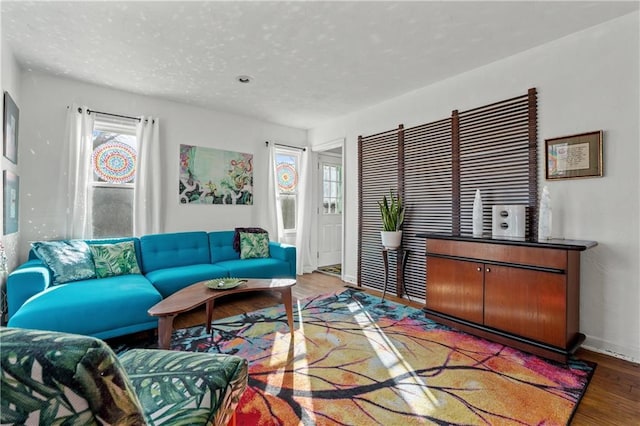 living room with a textured ceiling, baseboards, and wood finished floors