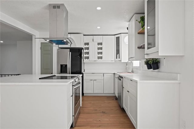 kitchen with a kitchen island, island range hood, white cabinets, stainless steel appliances, and a sink