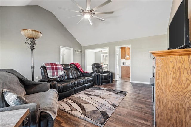 living room featuring a ceiling fan, baseboards, visible vents, high vaulted ceiling, and dark wood-type flooring