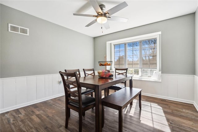 dining area with visible vents, wood finished floors, ceiling fan, and a wainscoted wall