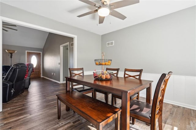 dining room featuring a ceiling fan, wood finished floors, and visible vents