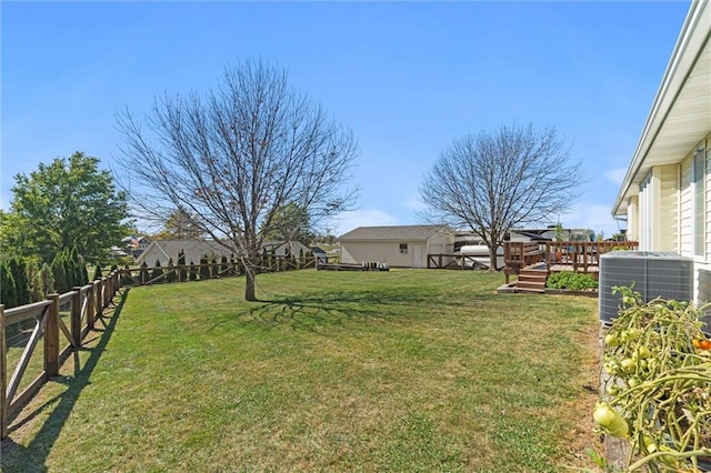 view of yard featuring central air condition unit, a fenced backyard, and a wooden deck