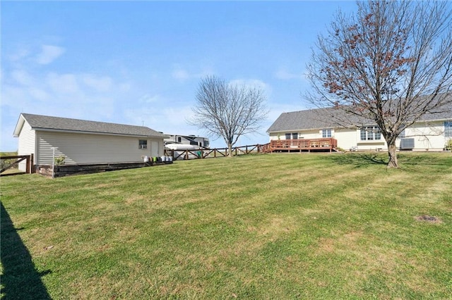 view of yard with a deck and fence