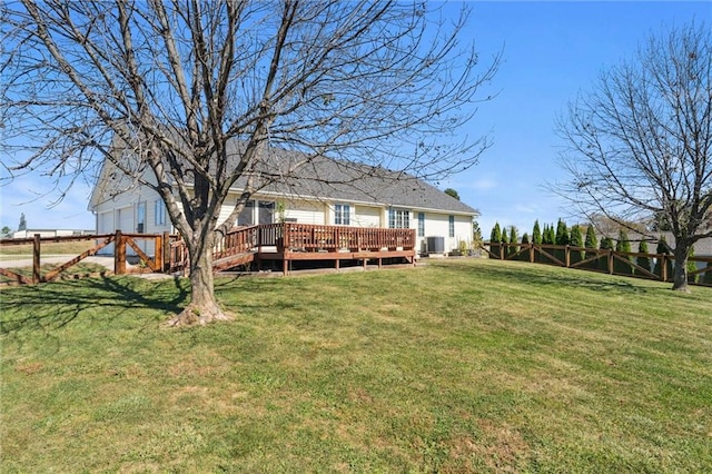 back of house with a fenced backyard, central air condition unit, a wooden deck, and a yard