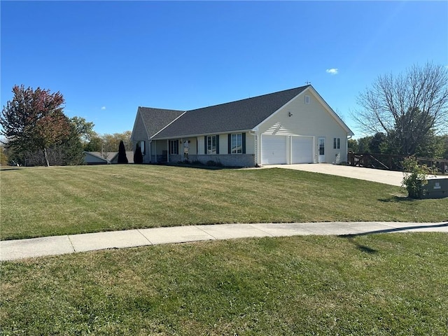 ranch-style home with a front lawn, an attached garage, and driveway