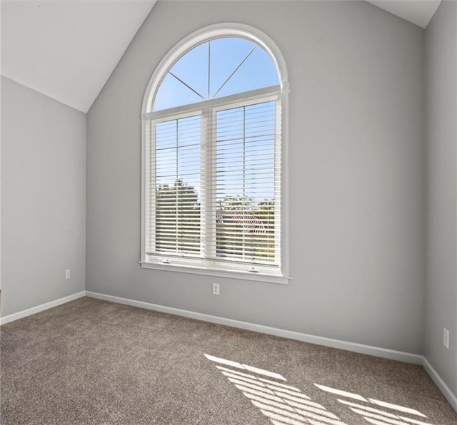 unfurnished room featuring lofted ceiling, carpet, and baseboards