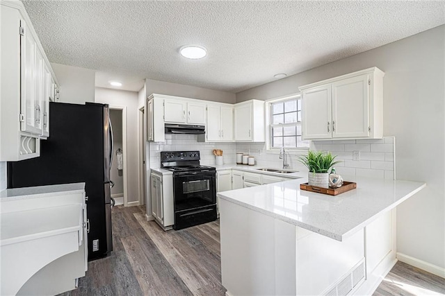 kitchen with freestanding refrigerator, a peninsula, black / electric stove, under cabinet range hood, and a sink