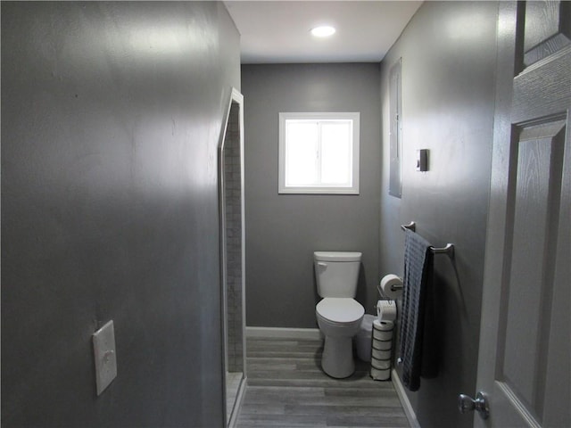 bathroom with wood finished floors, toilet, and baseboards