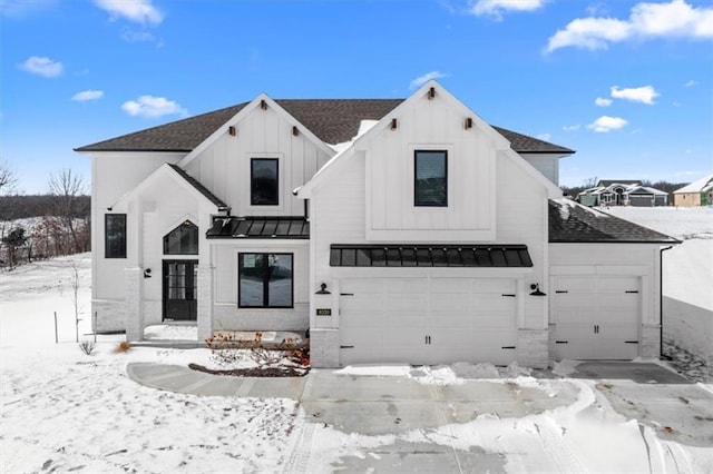 8320 NW 89th Ter, Kansas City, MO 64153 - modern farmhouse with a garage, a standing seam roof, roof with shingles, board and batten siding, and metal roof