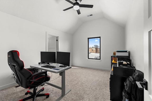 carpeted office featuring visible vents, baseboards, a ceiling fan, and vaulted ceiling