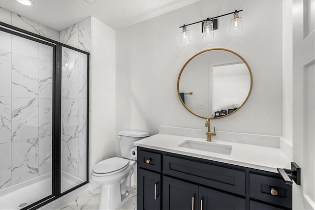 bathroom featuring a marble finish shower, marble finish floor, toilet, and vanity