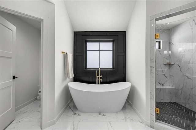 full bathroom with a marble finish shower, baseboards, a freestanding bath, and marble finish floor