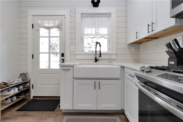 kitchen with gas stove, a healthy amount of sunlight, light countertops, and a sink