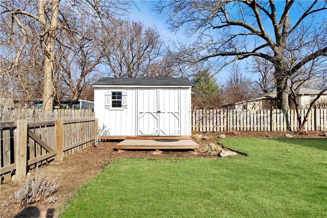 view of shed with a fenced backyard