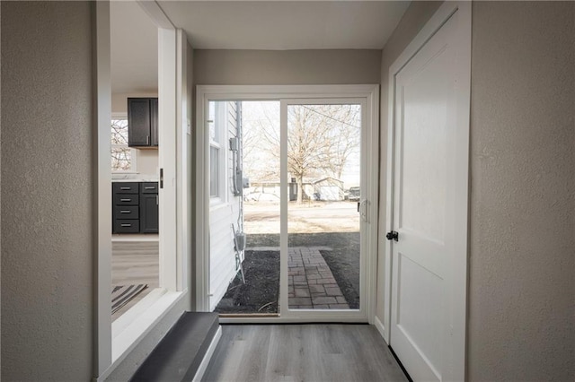 doorway to outside with a textured wall and wood finished floors