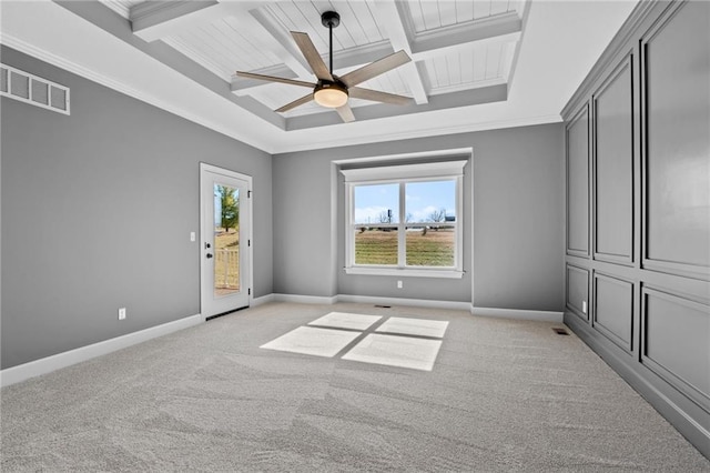 unfurnished bedroom with light carpet, coffered ceiling, visible vents, access to outside, and ornamental molding