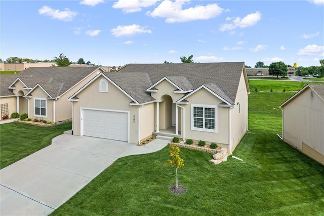 2407 Merlot Pl, Excelsior Springs, MO 64024 - single story home with an attached garage, concrete driveway, a shingled roof, a front lawn, and stucco siding