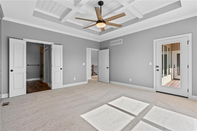 2407 Merlot Pl, Excelsior Springs, MO 64024 - unfurnished bedroom with carpet flooring, coffered ceiling, beam ceiling, crown molding, and a ceiling fan