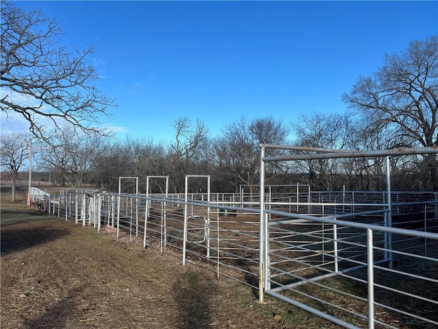 view of yard with a rural view, an outdoor structure, and an exterior structure