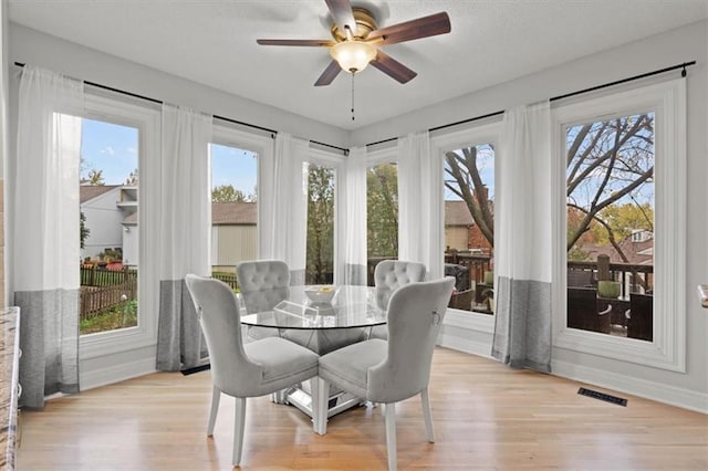 sunroom with visible vents and a ceiling fan