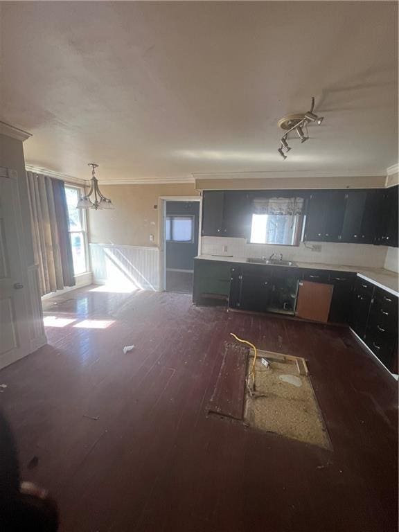 kitchen with wainscoting, dark wood-style floors, ornamental molding, light countertops, and a sink