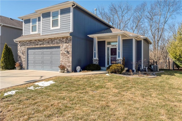 view of front of house featuring central AC unit, stone siding, an attached garage, fence, and a front lawn