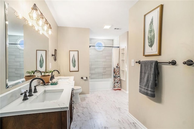 full bath with toilet, marble finish floor, shower / bath combo, a sink, and baseboards