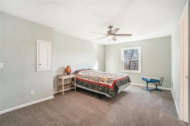 bedroom with baseboards, carpet floors, and a ceiling fan