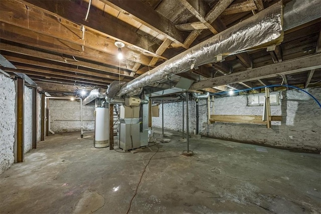 unfinished basement with heating unit and water heater