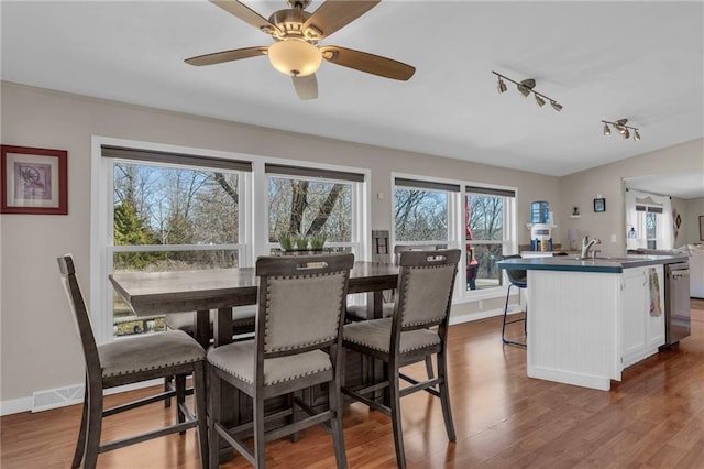 dining room with track lighting, baseboards, and wood finished floors