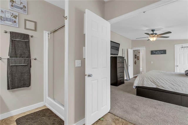 bedroom featuring carpet, a ceiling fan, and baseboards