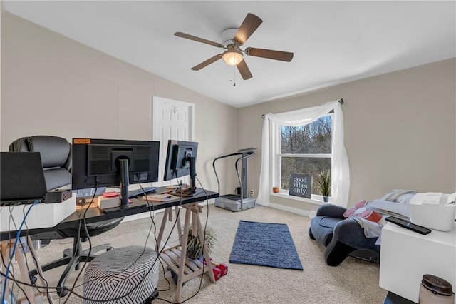 office with carpet floors, lofted ceiling, and ceiling fan