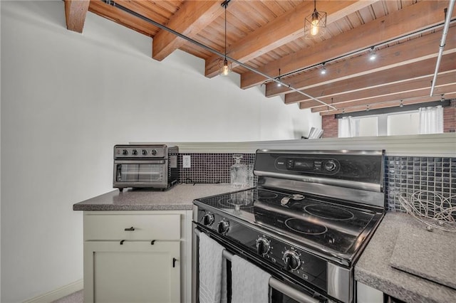 kitchen featuring decorative backsplash, wood ceiling, white cabinetry, beamed ceiling, and black / electric stove