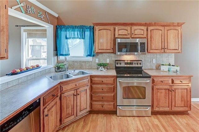 kitchen with appliances with stainless steel finishes, light countertops, a sink, and backsplash