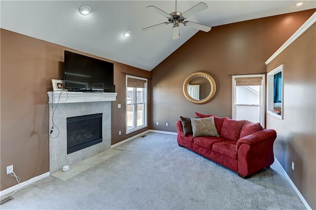 living room with a fireplace, recessed lighting, carpet flooring, ceiling fan, and baseboards